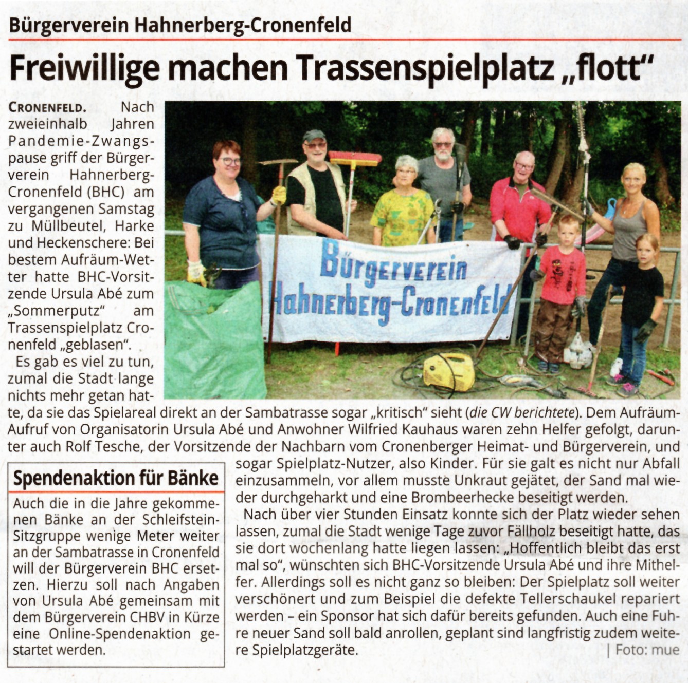 Presseartikel zu "Bürgerverein Hahnerberg-Cronenfeld: Freiwillige machen Trassenspielplatz wieder 'flott'"